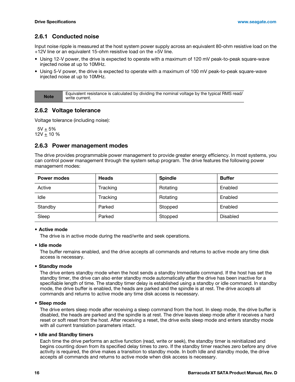 1 conducted noise, 2 voltage tolerance, 3 power management modes | Conducted noise, Voltage tolerance, Power management modes | Seagate BARRACUDA XT ST33000651AS User Manual | Page 16 / 42