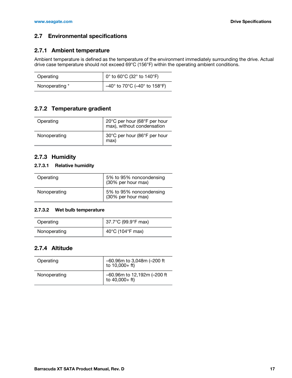 7 environmental specifications, 1 ambient temperature, 2 temperature gradient | 3 humidity, 4 altitude, Environmental specifications 2.7.1, Ambient temperature, Temperature gradient, Humidity, Altitude | Seagate BARRACUDA XT ST33000651AS User Manual | Page 17 / 42