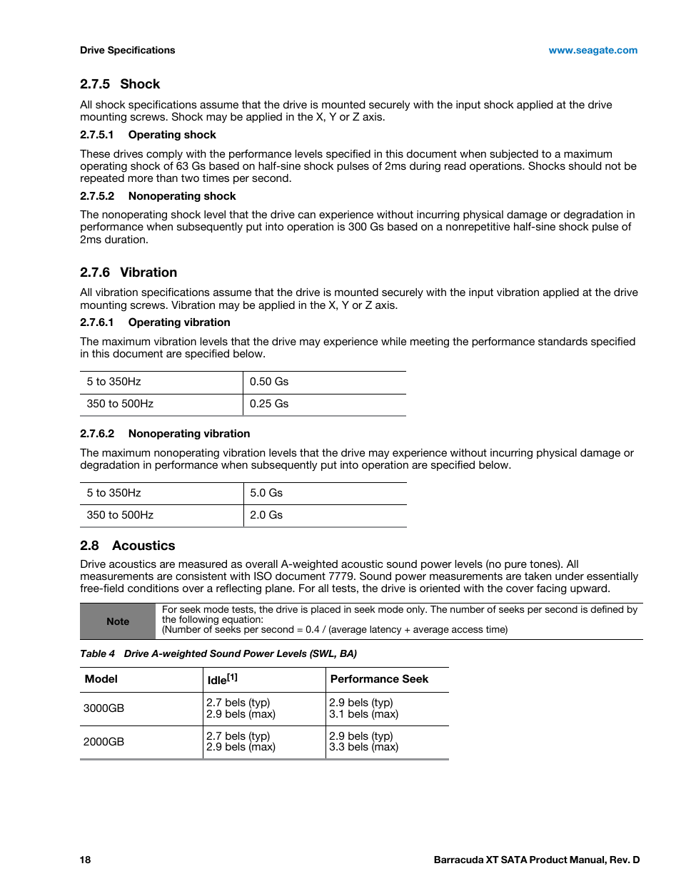 5 shock, 6 vibration, 8 acoustics | Shock, Vibration, Acoustics | Seagate BARRACUDA XT ST33000651AS User Manual | Page 18 / 42