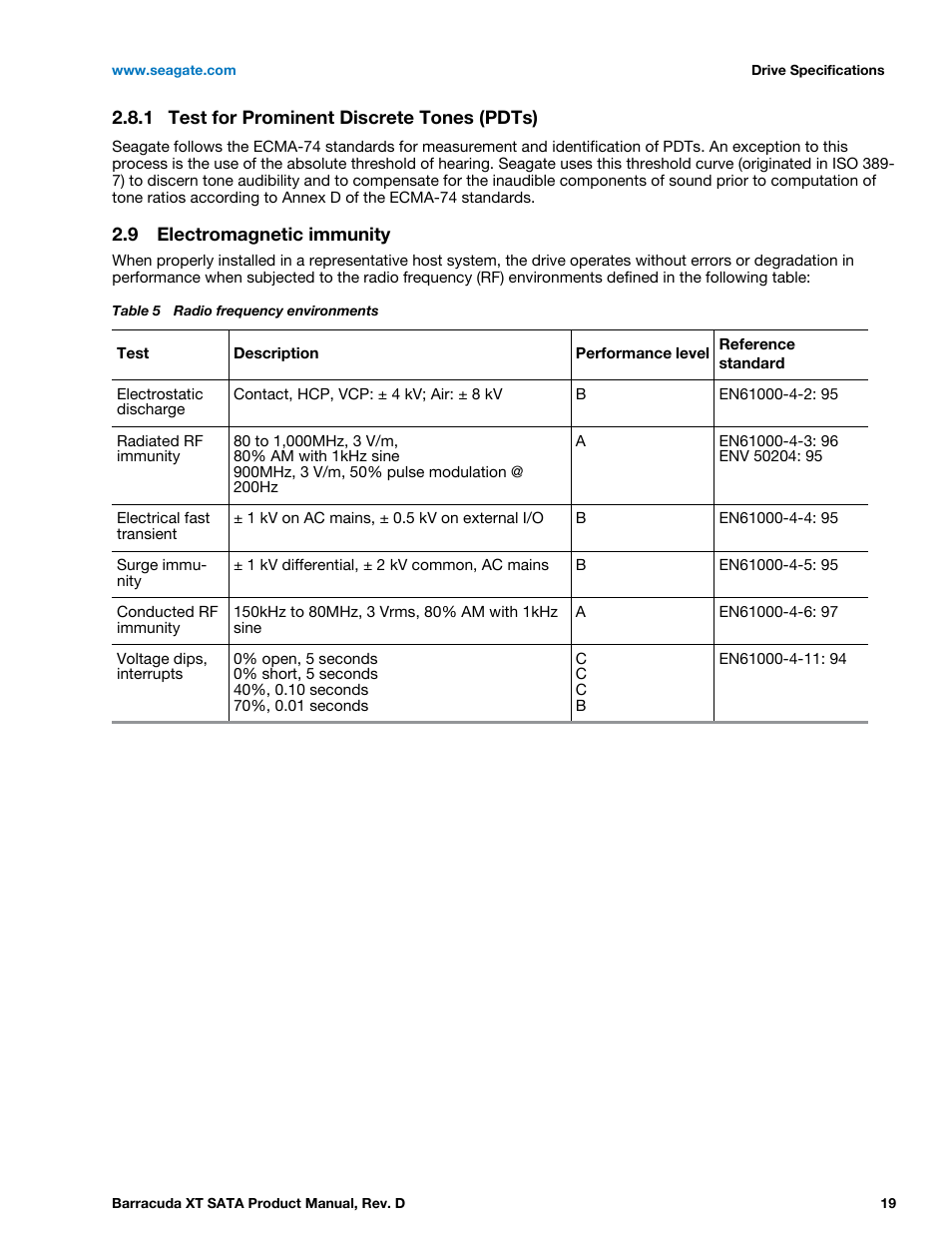 1 test for prominent discrete tones (pdts), 9 electromagnetic immunity, Test for prominent discrete tones (pdts) | Electromagnetic immunity | Seagate BARRACUDA XT ST33000651AS User Manual | Page 19 / 42