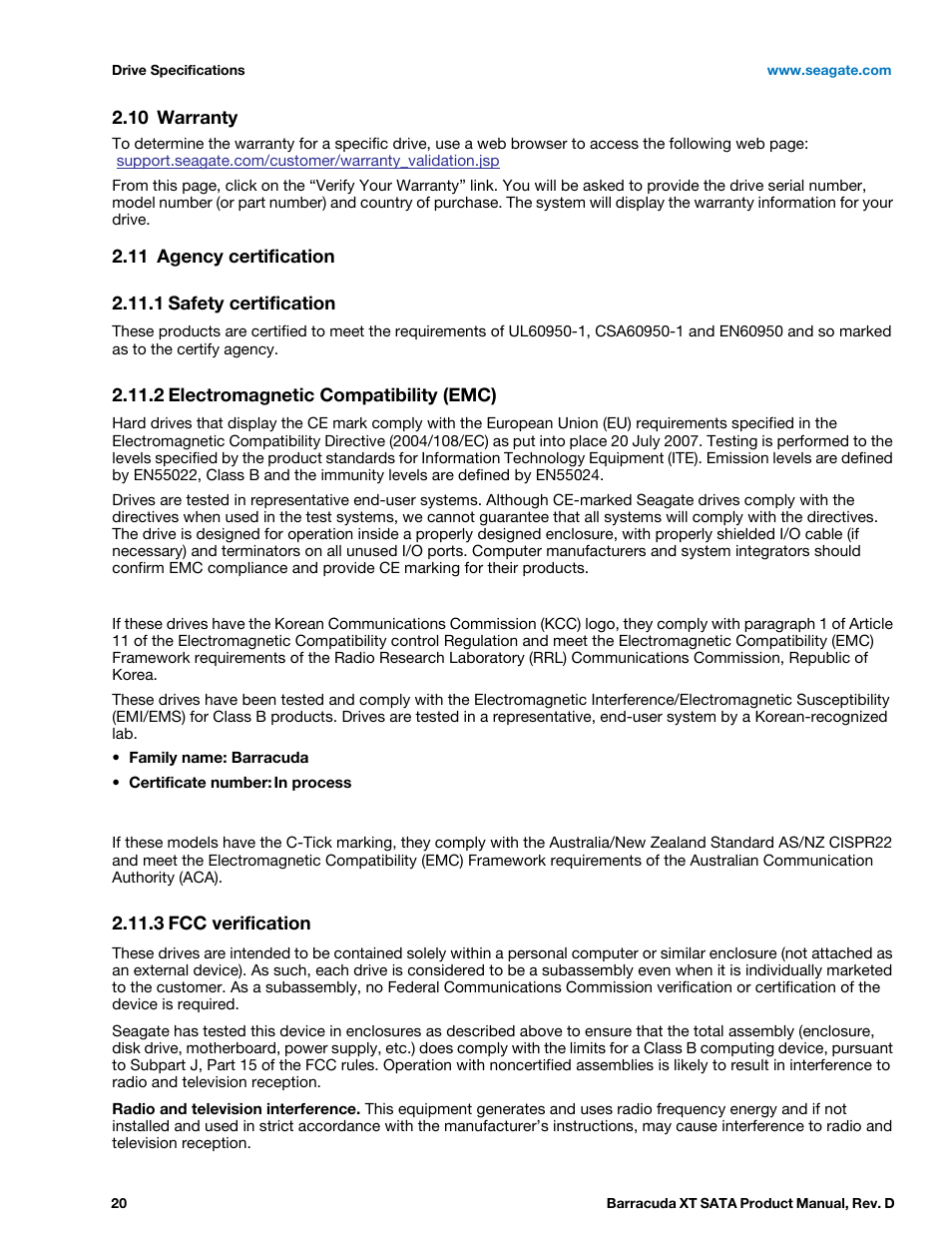 10 warranty, 11 agency certification, 1 safety certification | 2 electromagnetic compatibility (emc), 3 fcc verification, Warranty, Agency certification 2.11.1, Safety certification, Electromagnetic compatibility (emc), Fcc verification | Seagate BARRACUDA XT ST33000651AS User Manual | Page 20 / 42