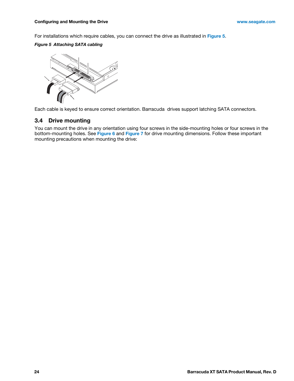 4 drive mounting, Drive mounting, Figure 5 | Attaching sata cabling | Seagate BARRACUDA XT ST33000651AS User Manual | Page 24 / 42