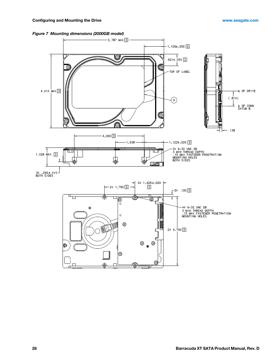 Mounting dimensions (2000gb model), Figure 7 | Seagate BARRACUDA XT ST33000651AS User Manual | Page 26 / 42