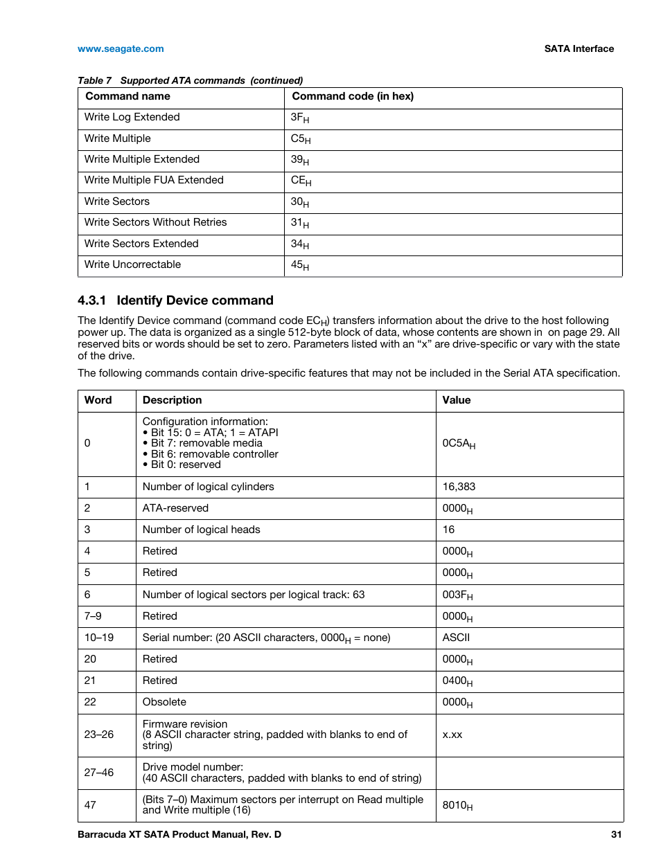 1 identify device command, Identify device command | Seagate BARRACUDA XT ST33000651AS User Manual | Page 31 / 42