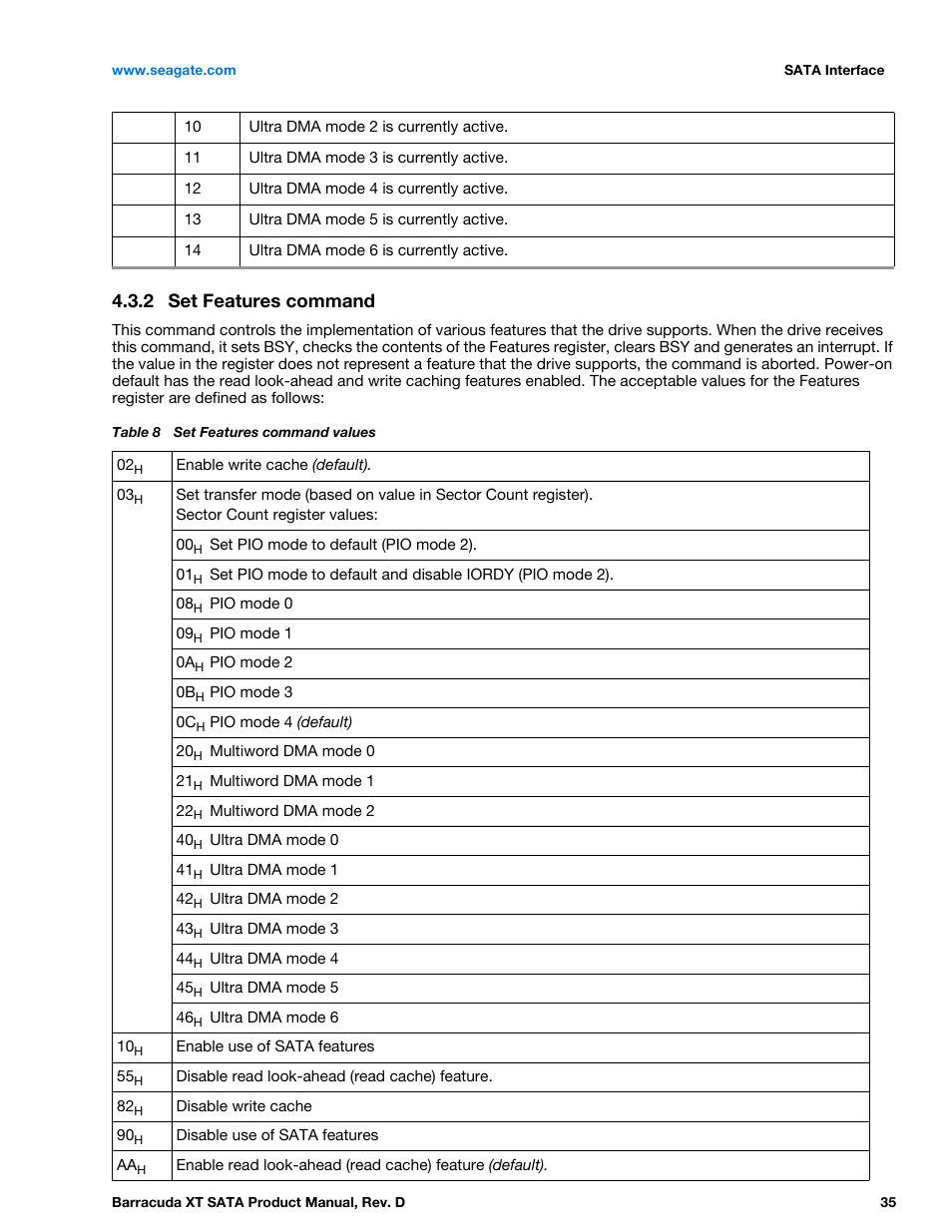 2 set features command, Set features command | Seagate BARRACUDA XT ST33000651AS User Manual | Page 35 / 42