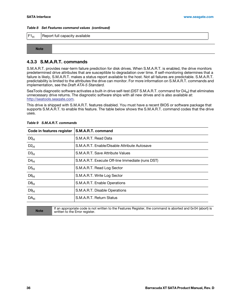 3 s.m.a.r.t. commands, S.m.a.r.t. commands | Seagate BARRACUDA XT ST33000651AS User Manual | Page 36 / 42