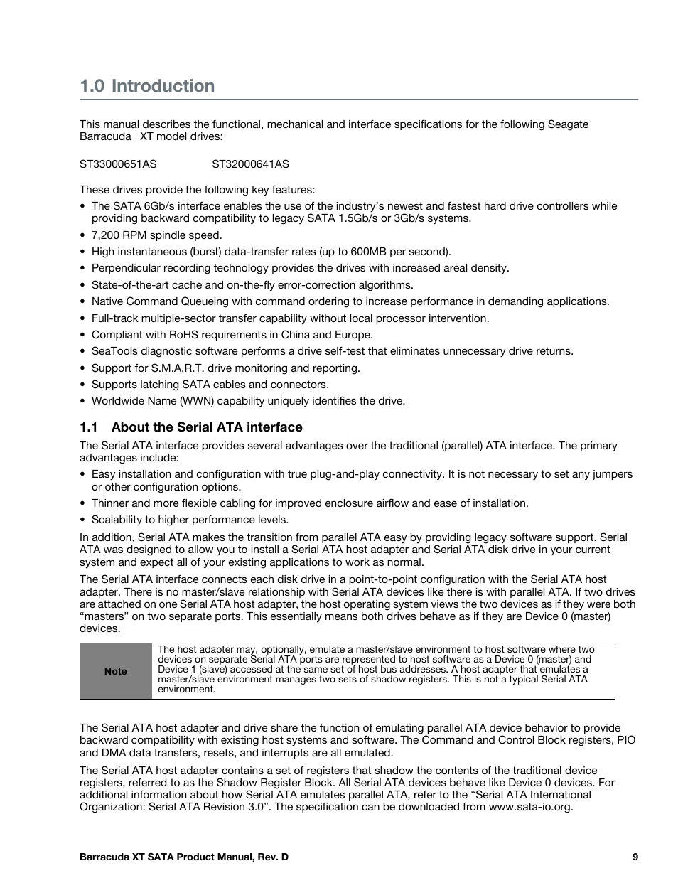 0 introduction, 1 about the serial ata interface, Introduction | About the serial ata interface | Seagate BARRACUDA XT ST33000651AS User Manual | Page 9 / 42