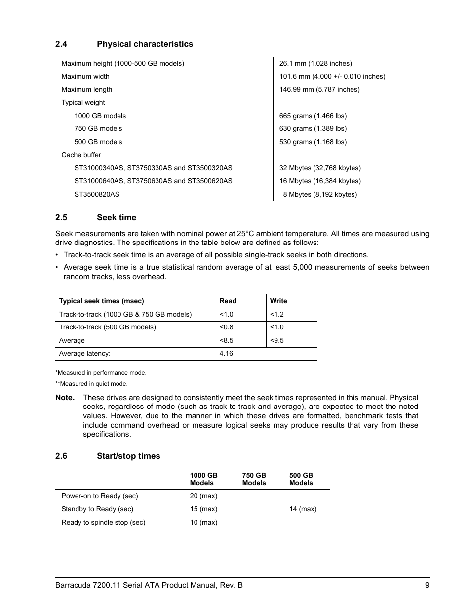 4 physical characteristics, 5 seek time, 6 start/stop times | Physical characteristics, Seek time, Start/stop times | Seagate BARRACUDA ST31000340AS User Manual | Page 15 / 46