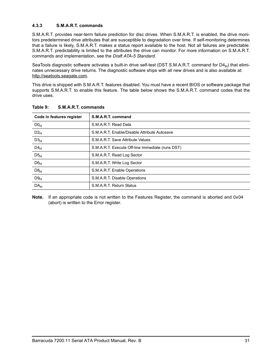 3 s.m.a.r.t. commands, S.m.a.r.t. commands | Seagate BARRACUDA ST31000340AS User Manual | Page 37 / 46