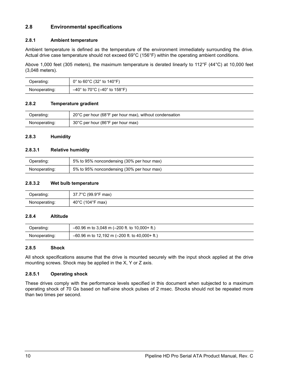 8 environmental specifications, 1 ambient temperature, 2 temperature gradient | 3 humidity, 1 relative humidity, 2 wet bulb temperature, 4 altitude, 5 shock, 1 operating shock | Seagate Pipeline HD Pro Serial ATA ST31000533CS User Manual | Page 16 / 44