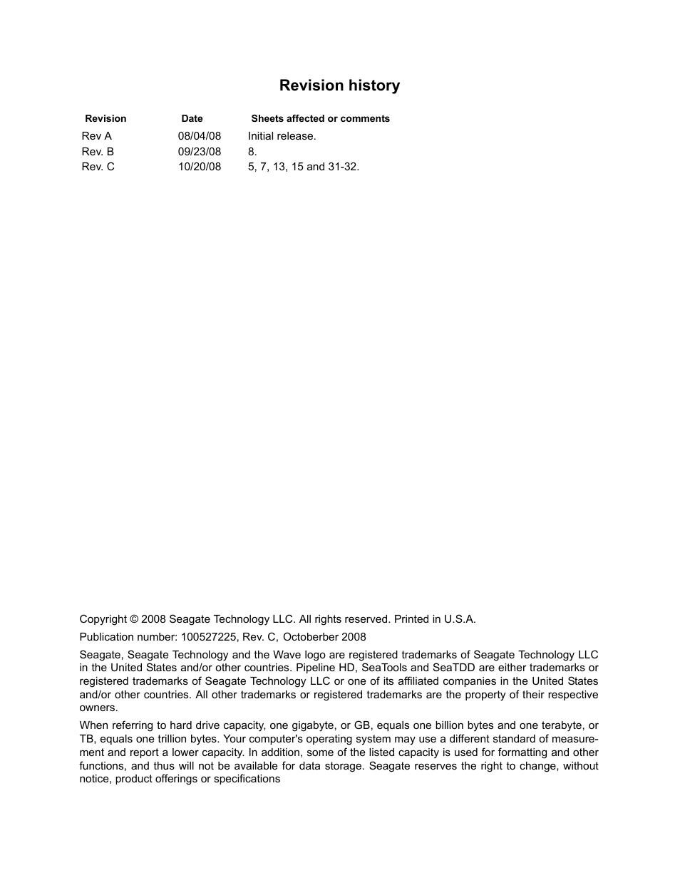 Revision history | Seagate Pipeline HD Pro Serial ATA ST31000533CS User Manual | Page 2 / 44