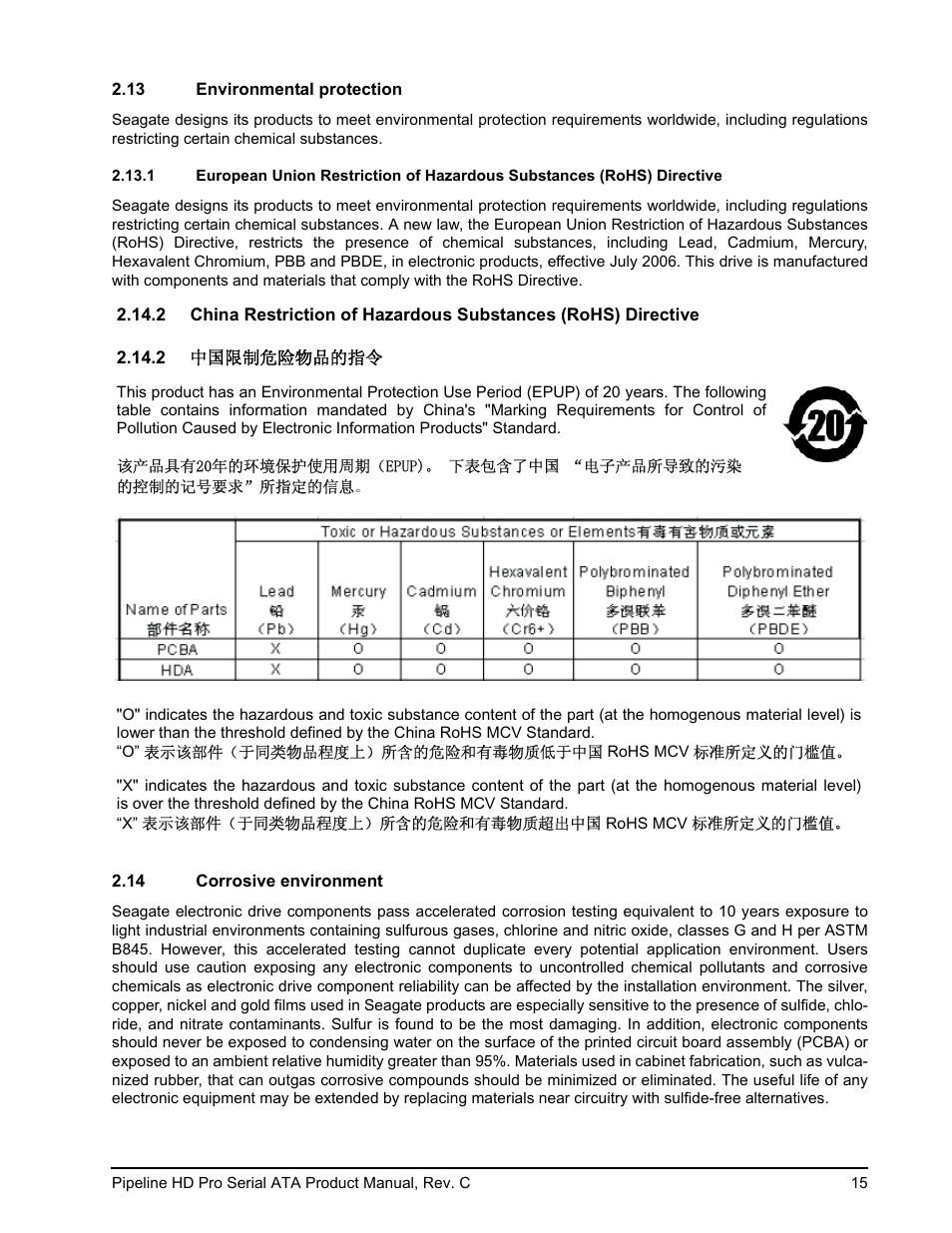 13 environmental protection, 14 corrosive environment | Seagate Pipeline HD Pro Serial ATA ST31000533CS User Manual | Page 21 / 44