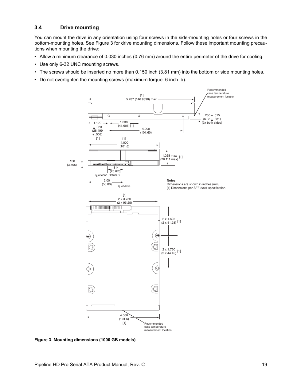 4 drive mounting, Mounting dimensions (1000 gb models) | Seagate Pipeline HD Pro Serial ATA ST31000533CS User Manual | Page 25 / 44