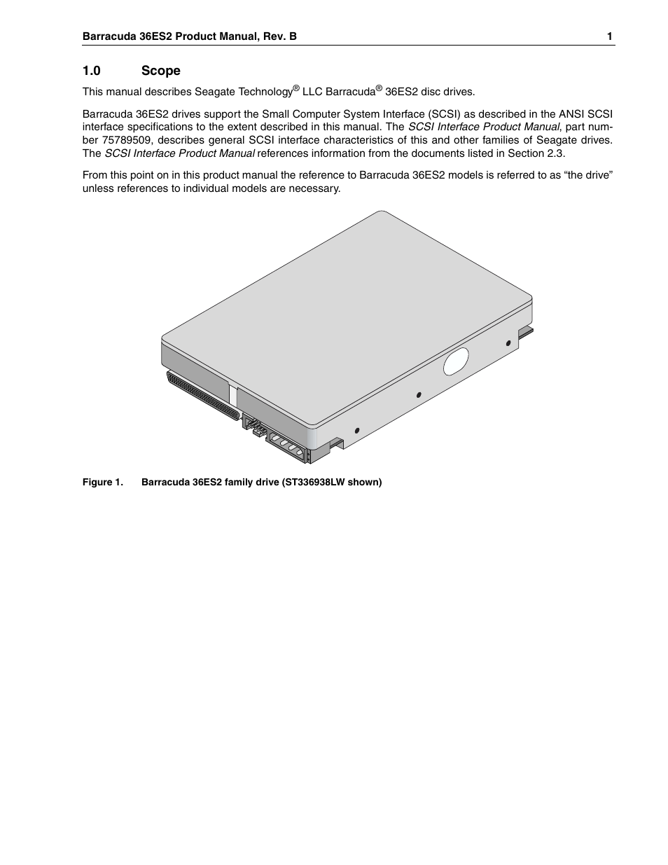 0 scope, Figure 1, Barracuda 36es2 family drive (st336938lw shown) | Seagate Barracuda ST318418N User Manual | Page 11 / 96