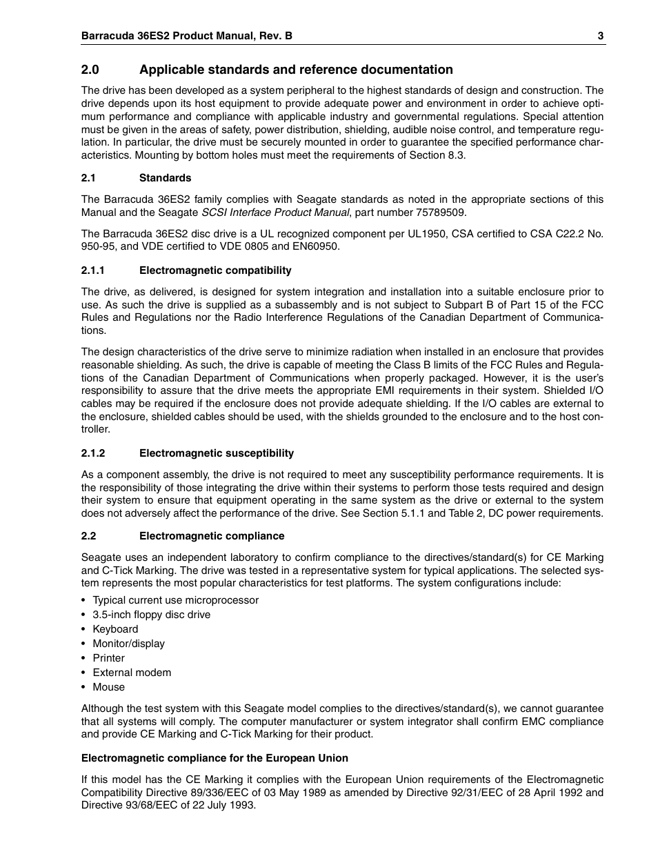 0 applicable standards and reference documentation, 1 standards, 1 electromagnetic compatibility | 2 electromagnetic susceptibility, 2 electromagnetic compliance | Seagate Barracuda ST318418N User Manual | Page 13 / 96