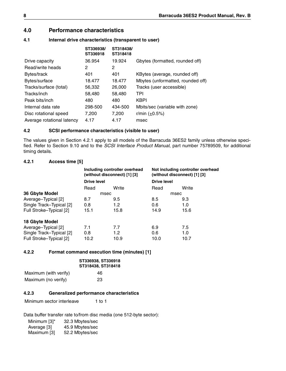 0 performance characteristics, 1 access time [5, 2 format command execution time (minutes) [1 | 3 generalized performance characteristics | Seagate Barracuda ST318418N User Manual | Page 18 / 96