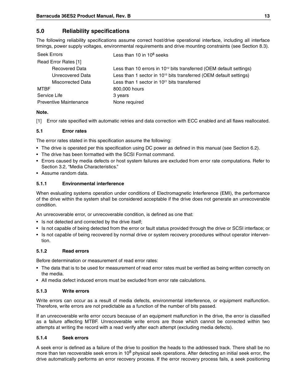 0 reliability specifications, 1 error rates, 1 environmental interference | 2 read errors, 3 write errors, 4 seek errors | Seagate Barracuda ST318418N User Manual | Page 23 / 96