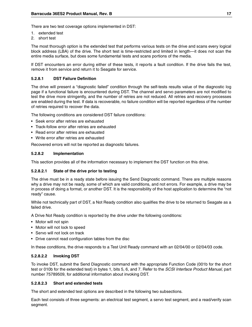 1 dst failure definition, 2 implementation, 1 state of the drive prior to testing | 2 invoking dst, 3 short and extended tests | Seagate Barracuda ST318418N User Manual | Page 27 / 96
