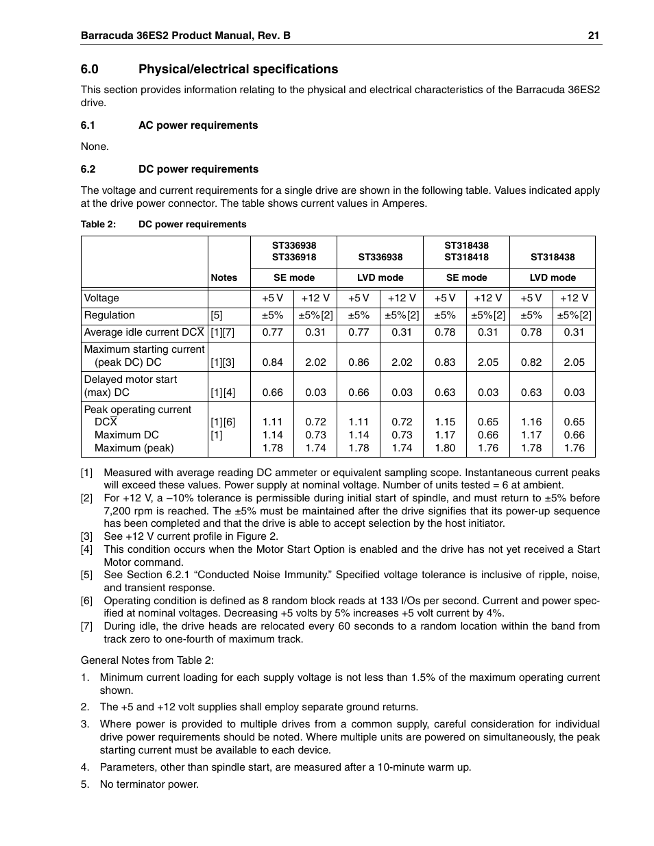 0 physical/electrical specifications, 1 ac power requirements, 2 dc power requirements | On 6.2), On 6.0 pr | Seagate Barracuda ST318418N User Manual | Page 31 / 96