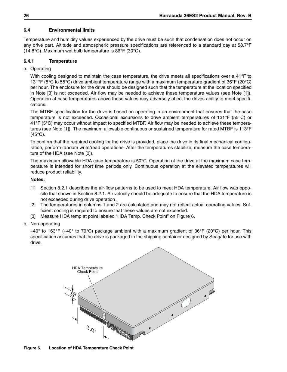 4 environmental limits, 1 temperature, Figure 6 | Location of hda temperature check point, N 6.4.1, D in section 6.4.1 | Seagate Barracuda ST318418N User Manual | Page 36 / 96