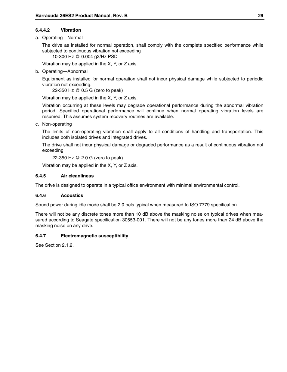 2 vibration, 5 air cleanliness, 6 acoustics | 7 electromagnetic susceptibility | Seagate Barracuda ST318418N User Manual | Page 39 / 96