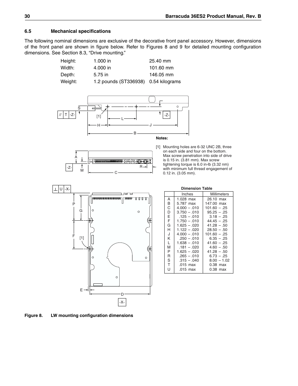 5 mechanical specifications, Figure 8, Lw mounting configuration dimensions | Seagate Barracuda ST318418N User Manual | Page 40 / 96