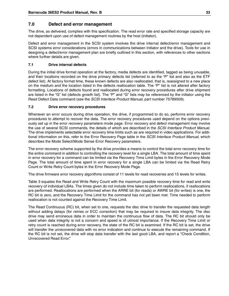 0 defect and error management, 1 drive internal defects, 2 drive error recovery procedures | Seagate Barracuda ST318418N User Manual | Page 43 / 96