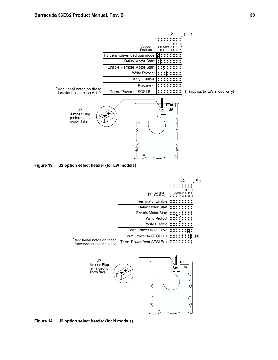 Figure 13, J2 option select header (for lw models), Figure 14 | J2 option select header (for n models), D 13. dr, 13 and 14 s | Seagate Barracuda ST318418N User Manual | Page 49 / 96