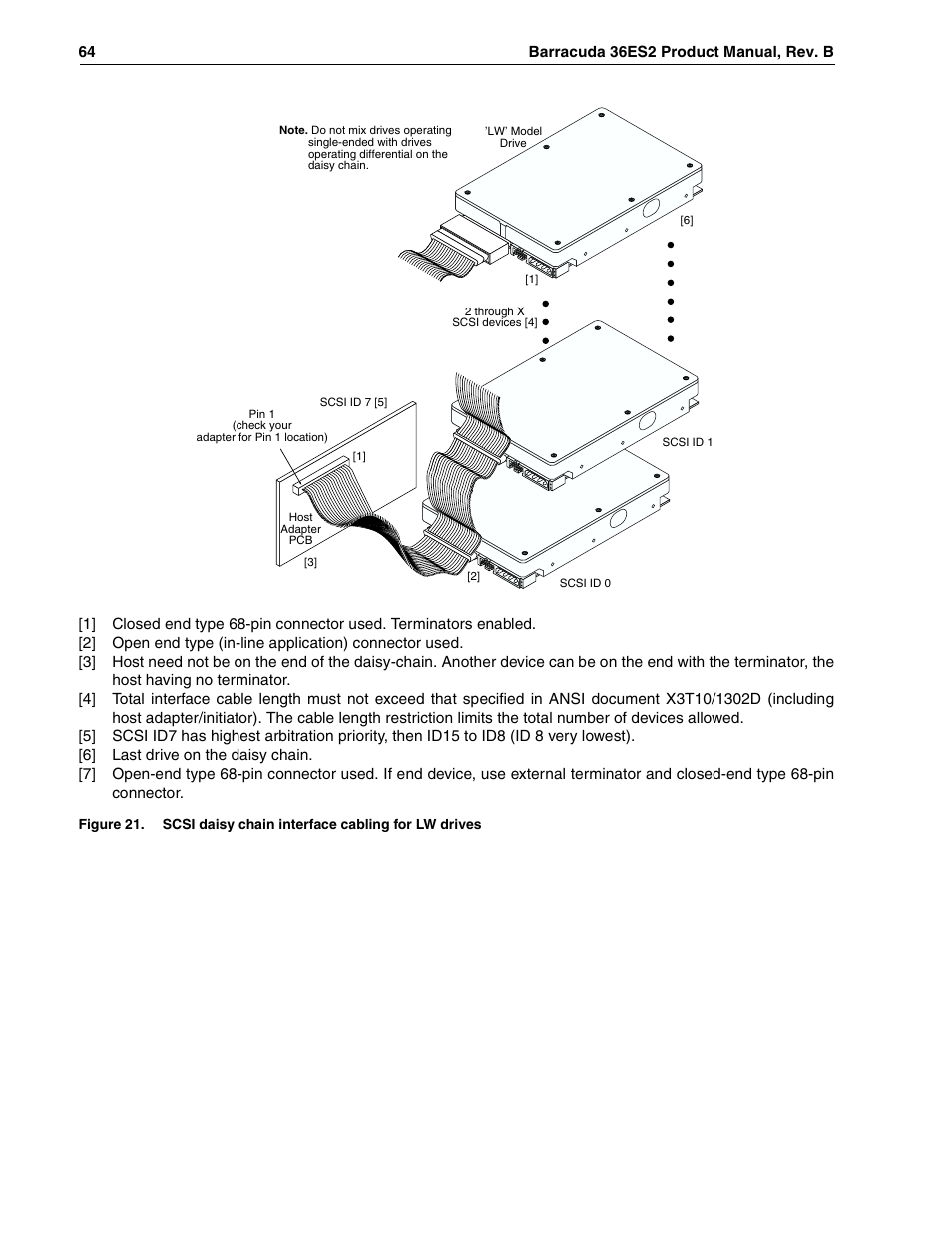 Figure 21, Scsi daisy chain interface cabling for lw drives | Seagate Barracuda ST318418N User Manual | Page 74 / 96