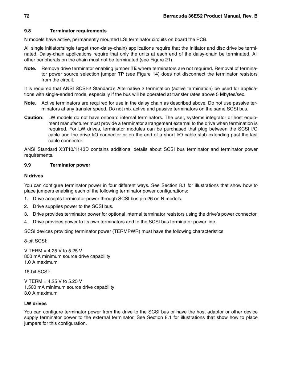 8 terminator requirements, 9 terminator power, On 9.8 | E section 9.8 and section 9.9 | Seagate Barracuda ST318418N User Manual | Page 82 / 96