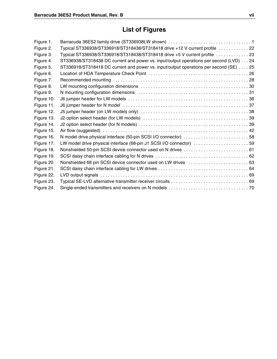 Figure 7. recommended mounting 28, Figure 8. lw mounting configuration dimensions 30, Figure 9. n mounting configuration dimensions 31 | Figure 10. j6 jumper header for lw models 36, Figure 11. j6 jumper header for n model 37, Figure 12. j5 jumper header (on lw models only) 38, Figure 15. air flow (suggested) 42, Figure 22. lvd output signals 69, List of figures | Seagate Barracuda ST318418N User Manual | Page 9 / 96