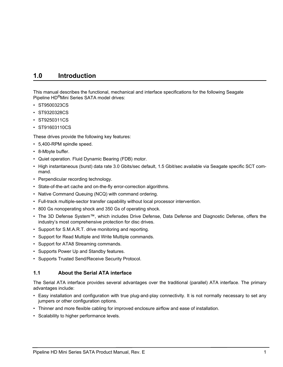 0 introduction, 1 about the serial ata interface, Introduction 1.1 | About the serial ata interface | Seagate Pipeline HD Mini Series SATA ST91603110CS User Manual | Page 11 / 46
