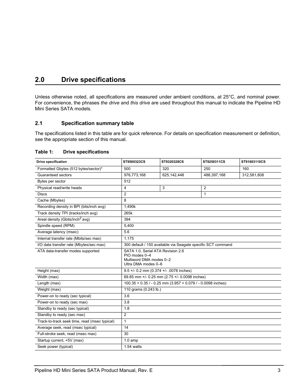 0 drive specifications, 1 specification summary table, Drive specifications 2.1 | Specification summary table | Seagate Pipeline HD Mini Series SATA ST91603110CS User Manual | Page 13 / 46