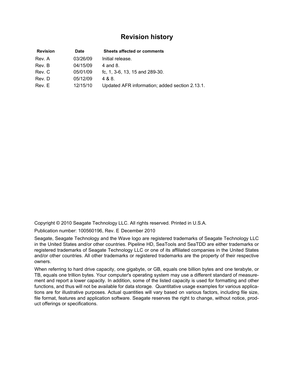 Revision history | Seagate Pipeline HD Mini Series SATA ST91603110CS User Manual | Page 2 / 46