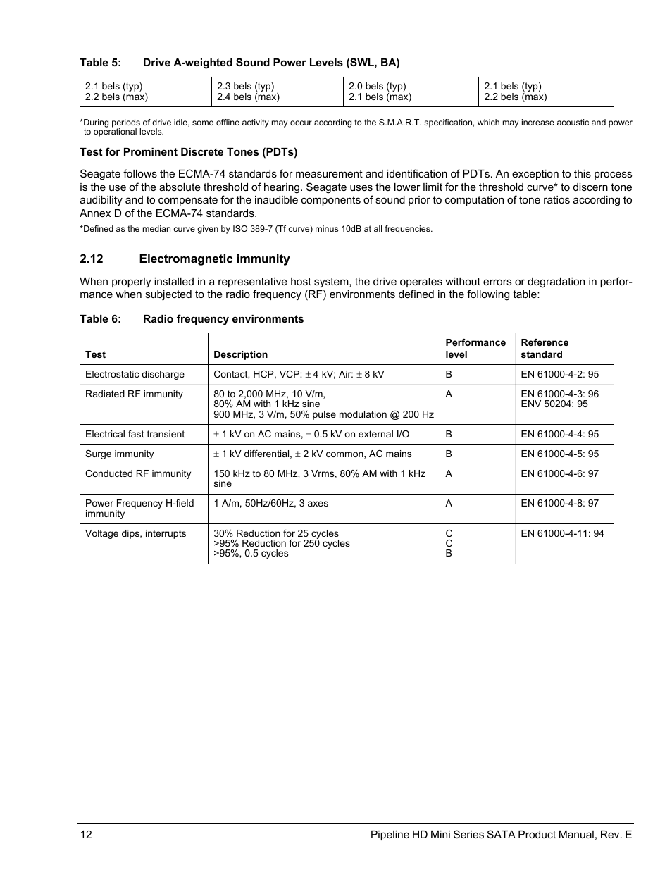 12 electromagnetic immunity, Electromagnetic immunity | Seagate Pipeline HD Mini Series SATA ST91603110CS User Manual | Page 22 / 46