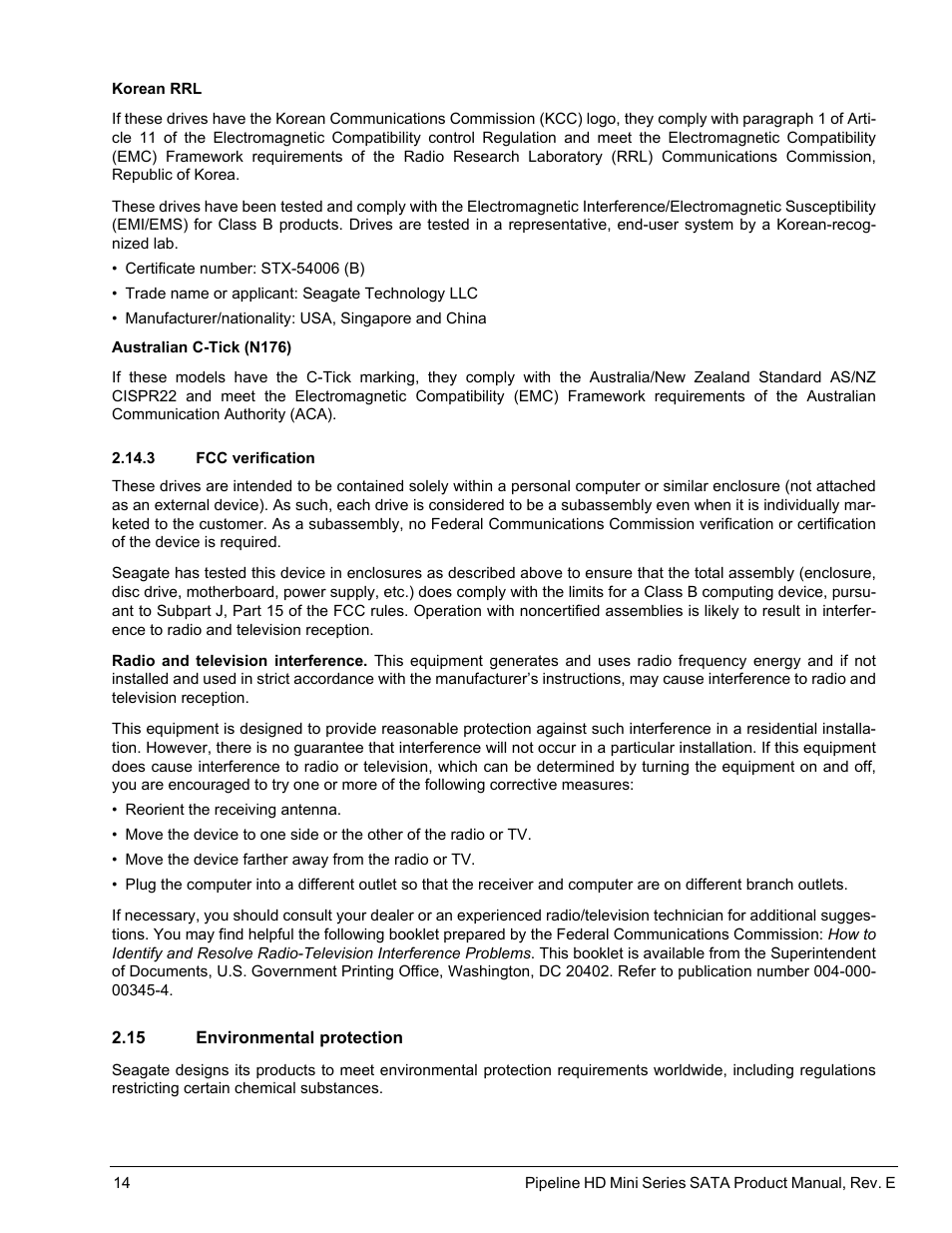 3 fcc verification, 15 environmental protection, Fcc verification | Environmental protection | Seagate Pipeline HD Mini Series SATA ST91603110CS User Manual | Page 24 / 46