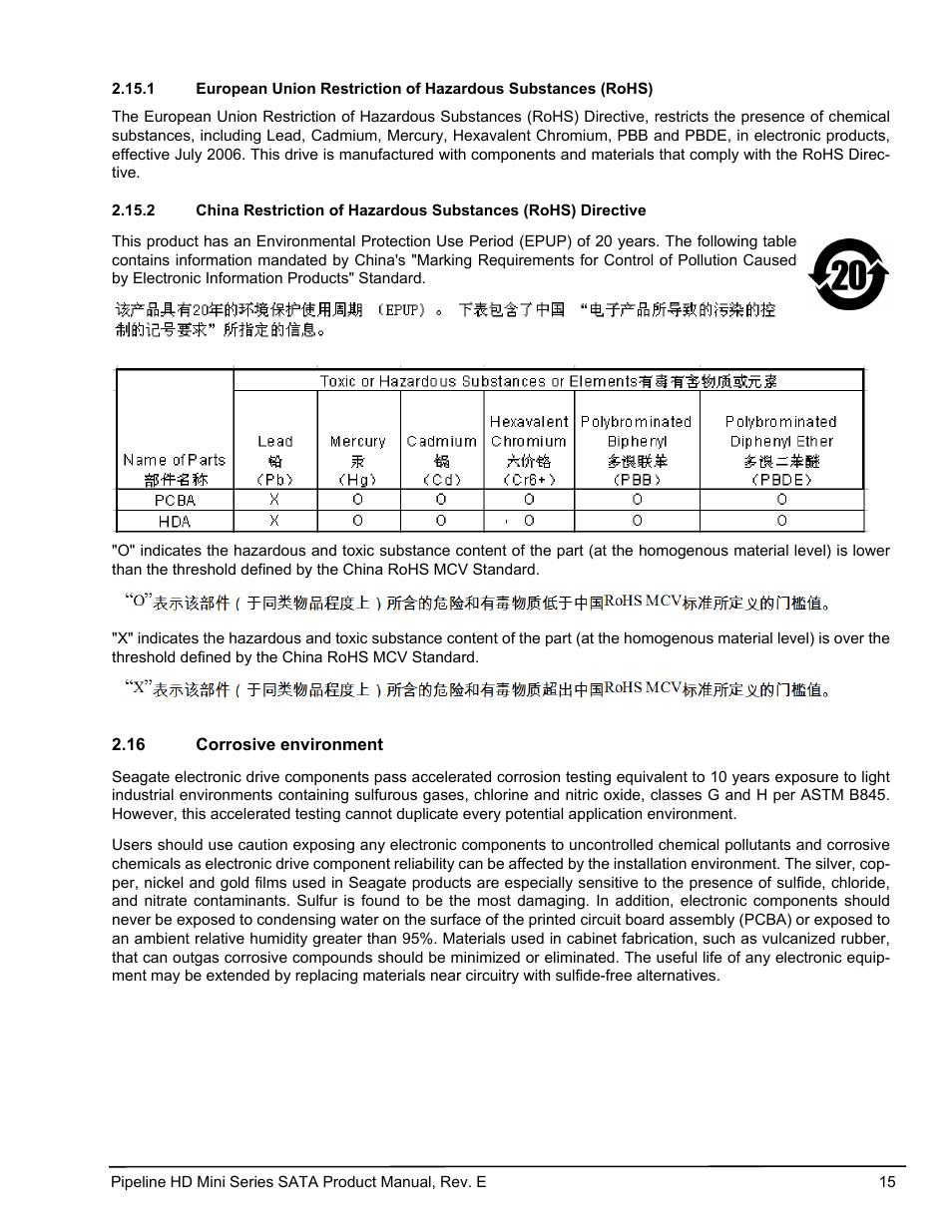 16 corrosive environment, Corrosive environment | Seagate Pipeline HD Mini Series SATA ST91603110CS User Manual | Page 25 / 46