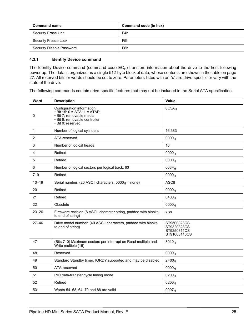 1 identify device command, Identify device command | Seagate Pipeline HD Mini Series SATA ST91603110CS User Manual | Page 35 / 46
