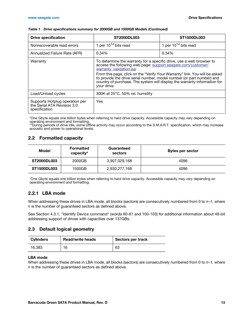 2 formatted capacity, 1 lba mode, 3 default logical geometry | Formatted capacity 2.2.1, Lba mode, Default logical geometry | Seagate BARRACUDA ST1500DL003 User Manual | Page 13 / 46