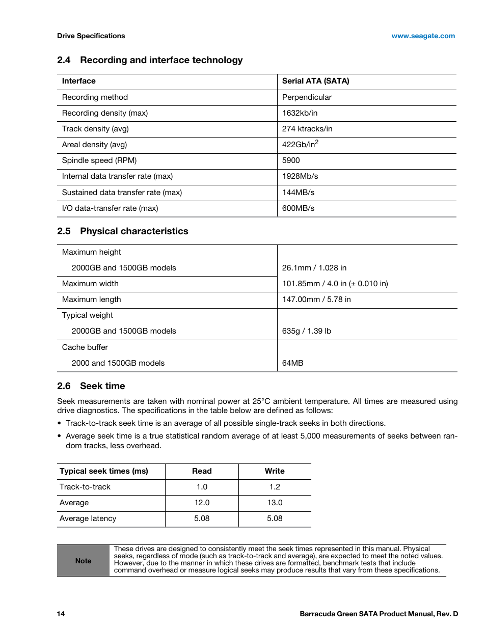 4 recording and interface technology, 5 physical characteristics, 6 seek time | Recording and interface technology, Physical characteristics, Seek time | Seagate BARRACUDA ST1500DL003 User Manual | Page 14 / 46