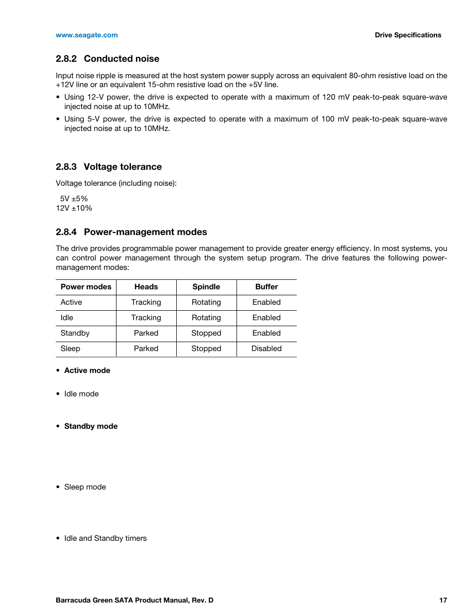 2 conducted noise, 3 voltage tolerance, 4 power-management modes | Conducted noise, Voltage tolerance, Power-management modes | Seagate BARRACUDA ST1500DL003 User Manual | Page 17 / 46