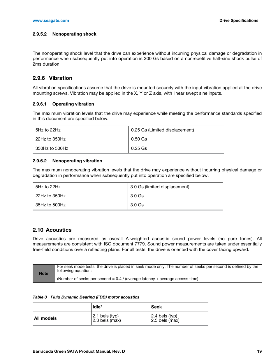 6 vibration, 10 acoustics, Vibration | Acoustics | Seagate BARRACUDA ST1500DL003 User Manual | Page 19 / 46