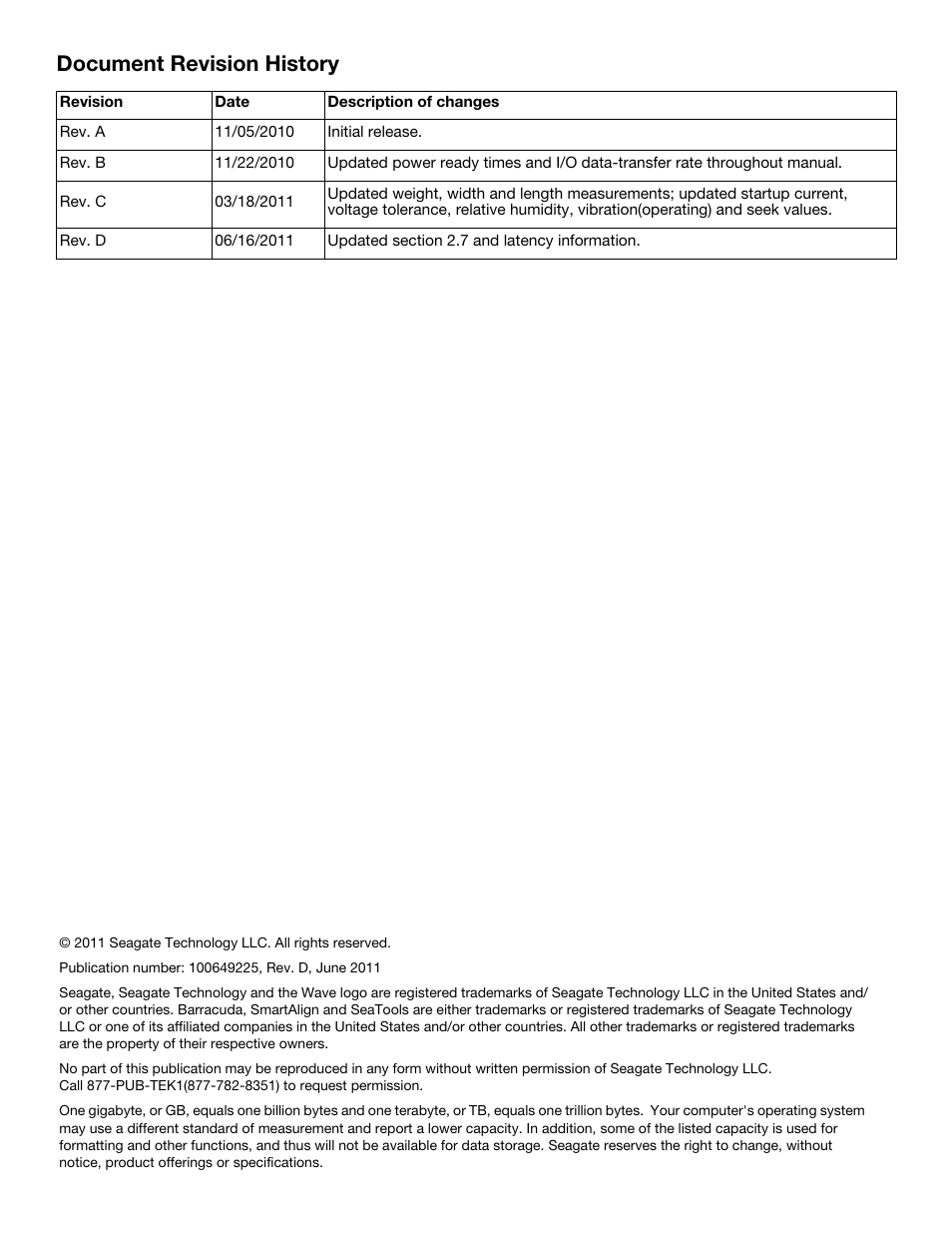 Document revision history | Seagate BARRACUDA ST1500DL003 User Manual | Page 2 / 46