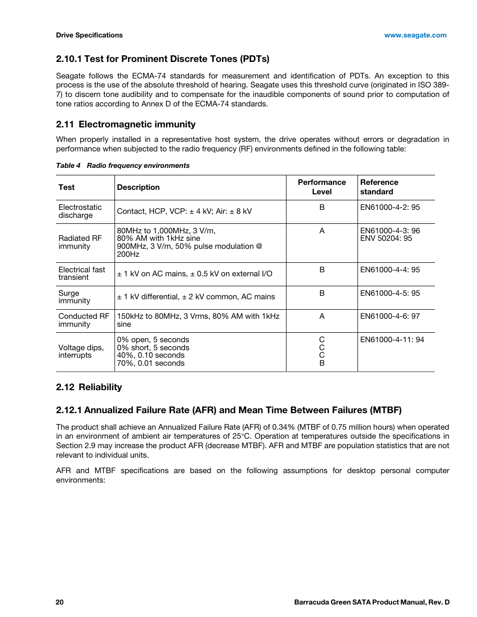 1 test for prominent discrete tones (pdts), 11 electromagnetic immunity, 12 reliability | Test for prominent discrete tones (pdts), Electromagnetic immunity, Reliability 2.12.1 | Seagate BARRACUDA ST1500DL003 User Manual | Page 20 / 46