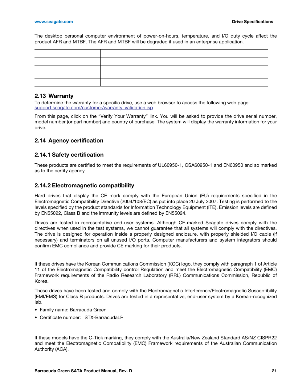 13 warranty, 14 agency certification, 1 safety certification | 2 electromagnetic compatibility, Warranty, Agency certification 2.14.1, Safety certification, Electromagnetic compatibility | Seagate BARRACUDA ST1500DL003 User Manual | Page 21 / 46