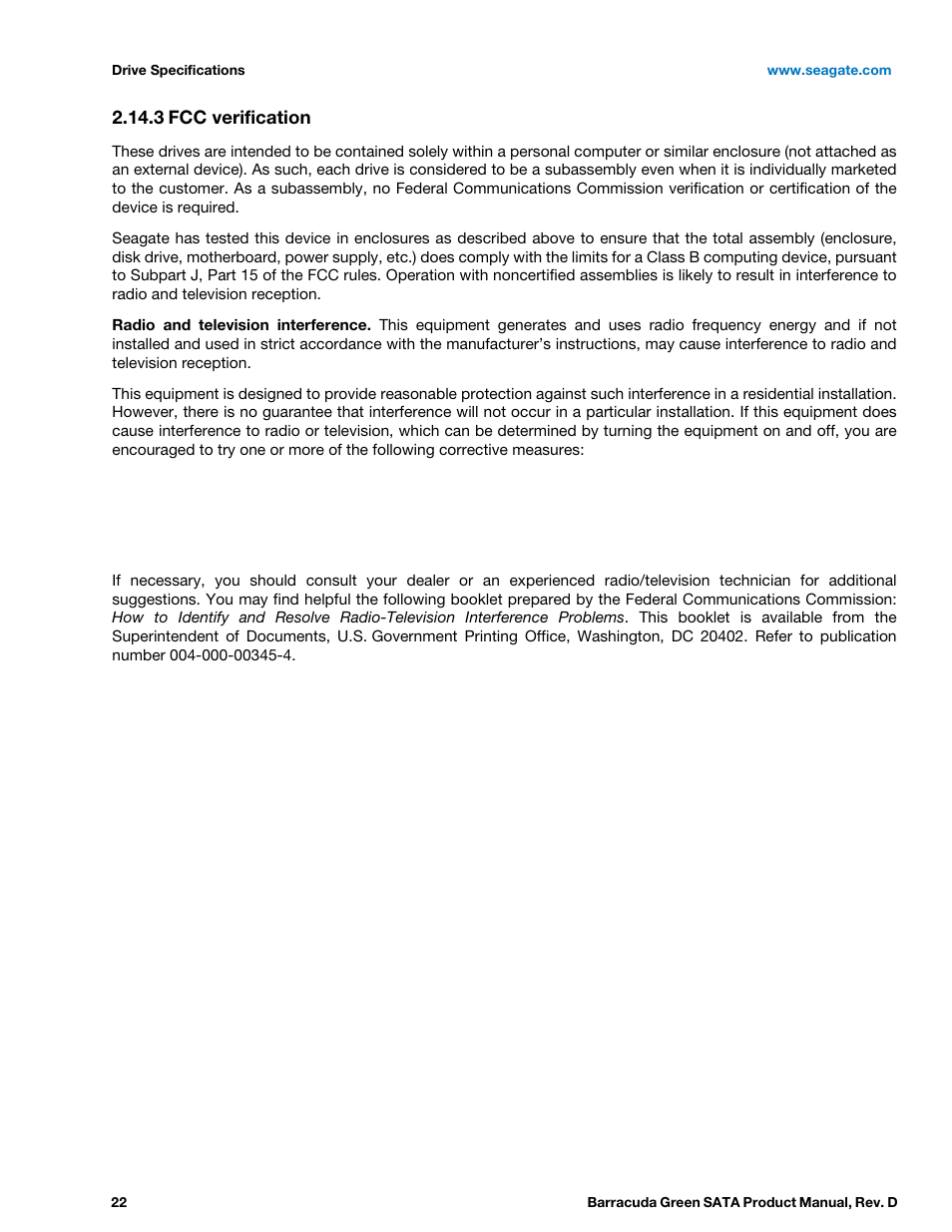 3 fcc verification, Fcc verification | Seagate BARRACUDA ST1500DL003 User Manual | Page 22 / 46