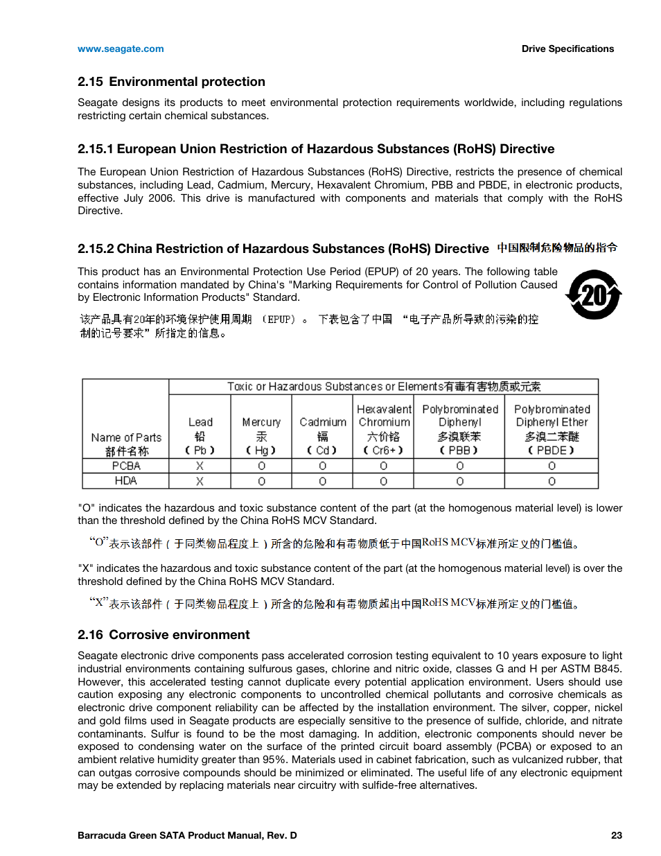 15 environmental protection, 16 corrosive environment, Environmental protection 2.15.1 | Corrosive environment | Seagate BARRACUDA ST1500DL003 User Manual | Page 23 / 46