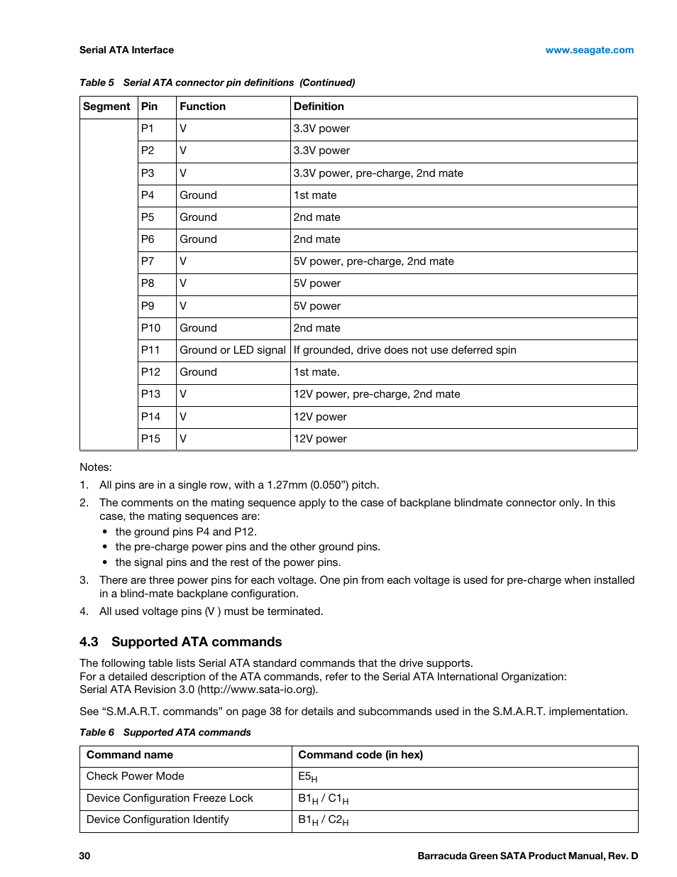 3 supported ata commands, Supported ata commands | Seagate BARRACUDA ST1500DL003 User Manual | Page 30 / 46