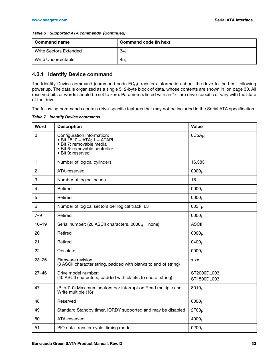 1 identify device command, Identify device command | Seagate BARRACUDA ST1500DL003 User Manual | Page 33 / 46