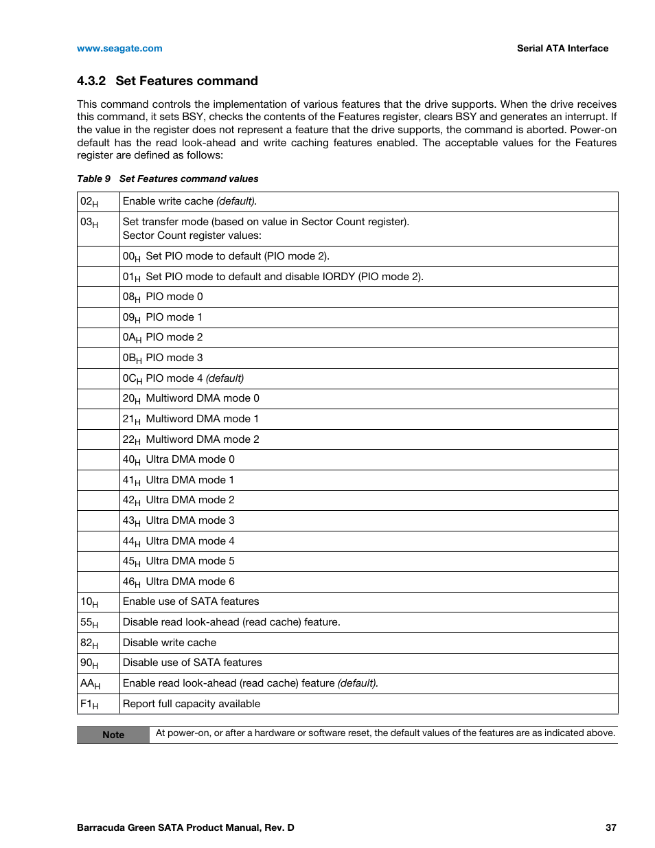2 set features command, Set features command | Seagate BARRACUDA ST1500DL003 User Manual | Page 37 / 46